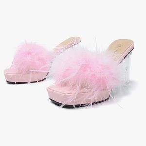 Amazon square toe platform chunky heel mule sandals with pink feather detail